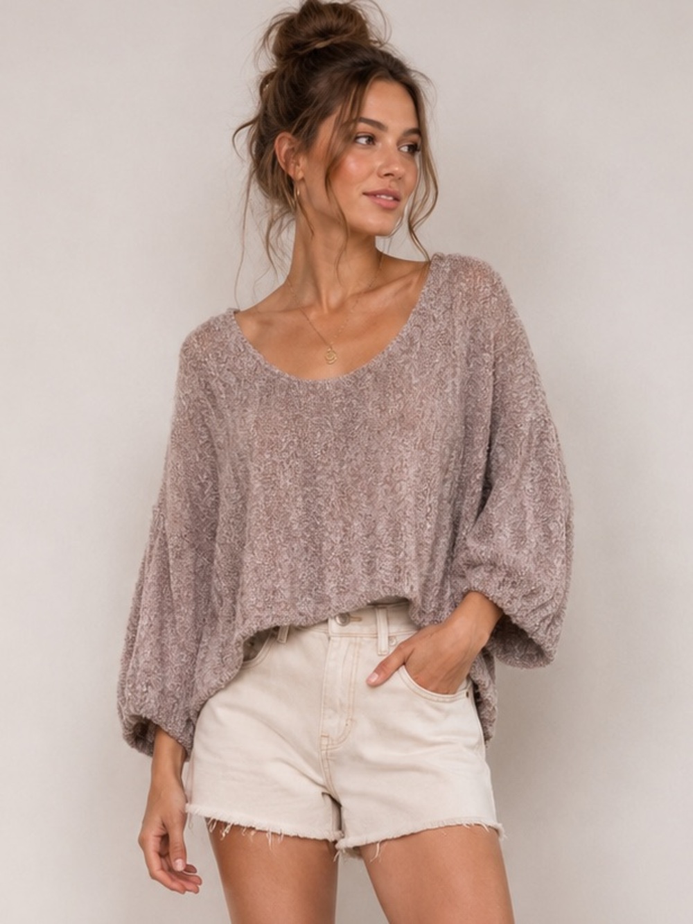 Free People Sweater Boucle Knit Oversized Medium Mauve Boho Slouchy Top